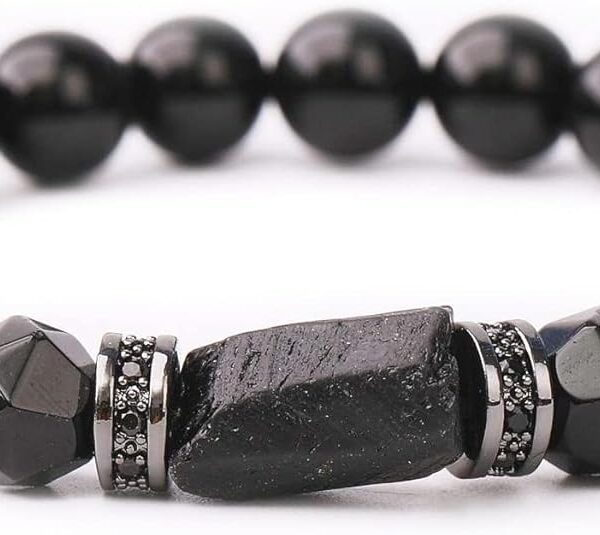 Pulseira de turmalina preta e ônix natural feita à mão, estilo unissex com proteção e elegância.