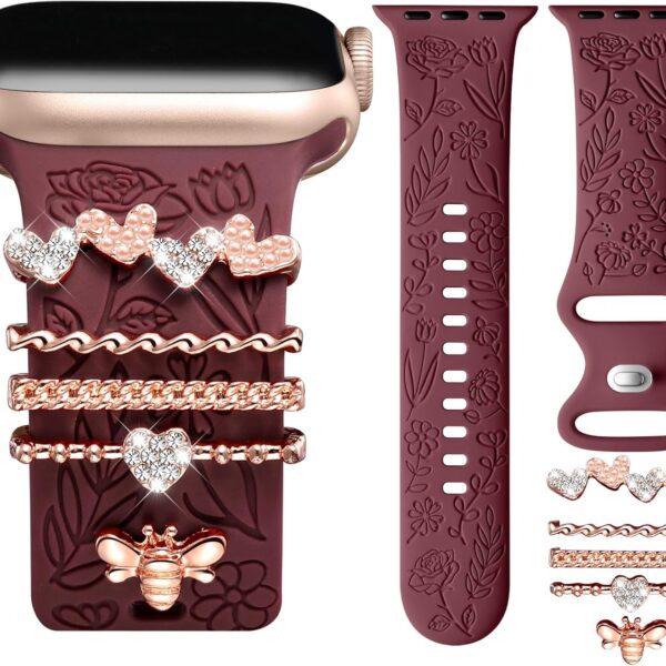Pulseira feminina DaQin para Apple Watch com flores gravadas, silicone confortável e estilo elegante.