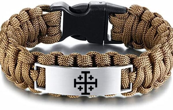 Pulseira masculina de paracord com cruz de Jerusalém, símbolo de fé e presente religioso