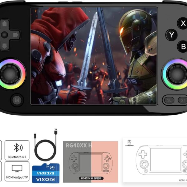 RG40XX H portátil retrô: tela IPS 4, Wi-Fi, Bluetooth, saída HD e bateria duradoura.