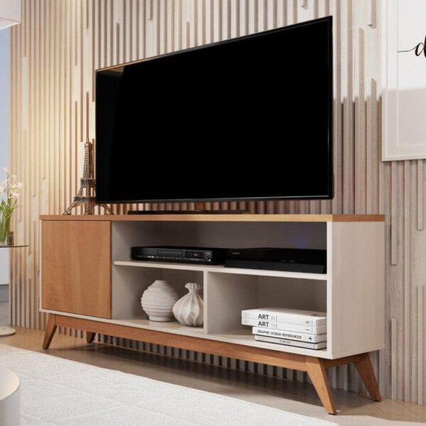 Rack Retrô Malbec para TV até 55 polegadas, com 1 porta e 3 nichos, ideal para organizar e valorizar seu ambiente.