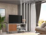 Rack San Diego para TV até 55”, moderno e funcional, com porta ripada e design branco/freijó ideal para sua sala.
