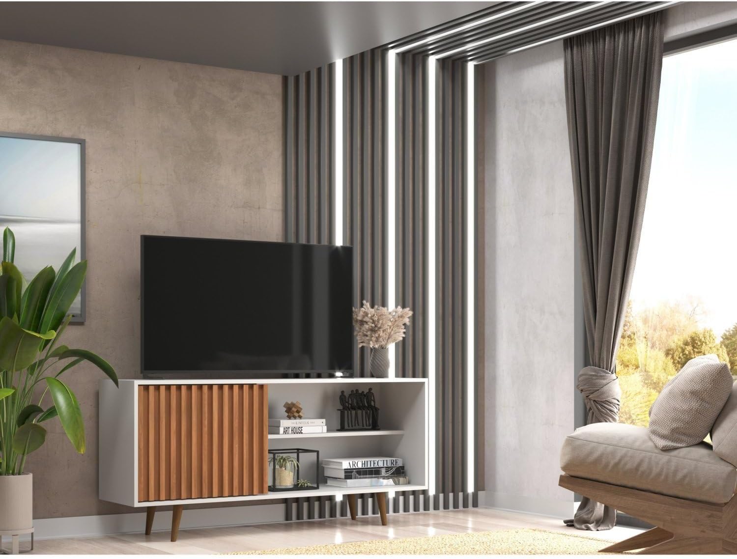 Rack San Diego para TV até 55”, moderno e funcional, Rack San Diego para TV até 55”, moderno e funcional, com porta ripada e design branco/freijó ideal para sua sala.