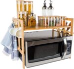 Rack de micro-ondas de bambu com ganchos e suporte de faca: economize espaço e organize sua cozinha com praticidade e estilo.
