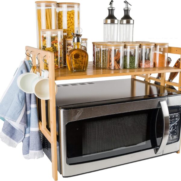 Rack de micro-ondas de bambu com ganchos e suporte de faca: economize espaço e organize sua cozinha com praticidade e estilo.