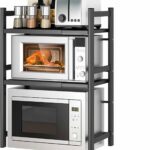 Rack de micro-ondas expansível em aço carbono, 2 ou 3 níveis, com 6 ganchos, ideal para organizar a cozinha e economizar espaço
