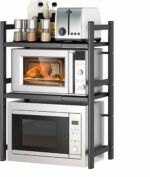 Rack de micro-ondas expansível em aço carbono, 2 ou 3 níveis, com 6 ganchos, ideal para organizar a cozinha e economizar espaço