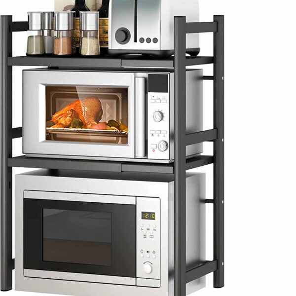 Rack de micro-ondas expansível em aço carbono, 2 ou 3 níveis, com 6 ganchos, ideal para organizar a cozinha e economizar espaço