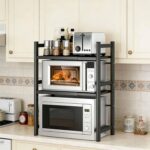 Rack de micro-ondas expansível em aço carbono, 2 ou 3 níveis, com 6 ganchos, ideal para organizar a cozinha e economizar espaço - Imagem 2
