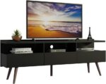Rack para TV Madesa Londres 65” preto: design moderno, 3 portas, nichos e pés retrô em madeira maciça.