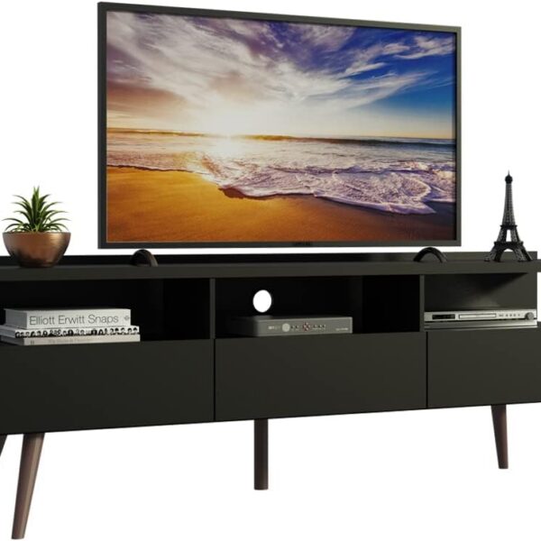 Rack para TV Madesa Londres 65” preto: design moderno, 3 portas, nichos e pés retrô em madeira maciça.
