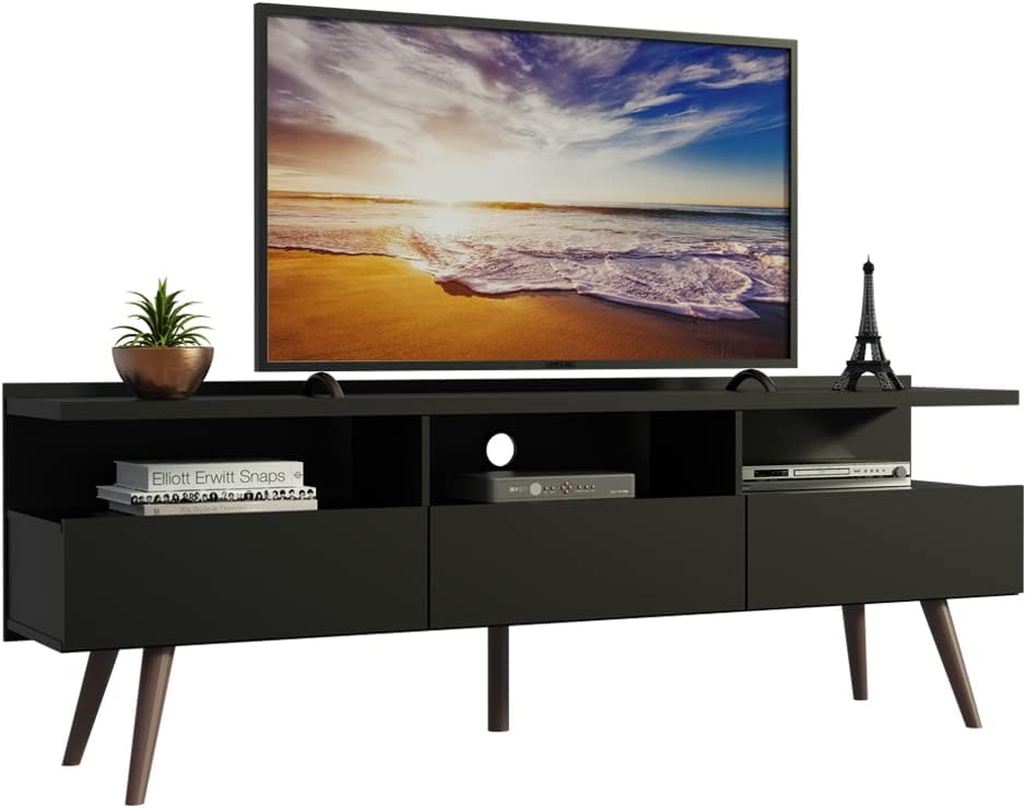 Rack para TV Madesa Londres 65” preto: design moderno, 3 Rack para TV Madesa Londres 65” preto: design moderno, 3 portas, nichos e pés retrô em madeira maciça.