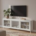 Rack para TV até 55 Polegadas 135cm com 3 Portas de Vidro e 2 Prateleiras Branco, ideal para organizar e valorizar sua sala.