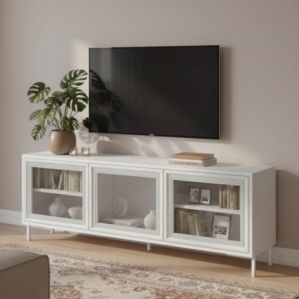 Rack para TV até 55 Polegadas 135cm com 3 Portas de Vidro e 2 Prateleiras Branco, ideal para organizar e valorizar sua sala.
