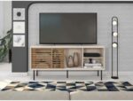 Rack para TV até 55 Polegadas Industrial 136cm com porta de correr, design ripado e acabamento durável em BP MDP.