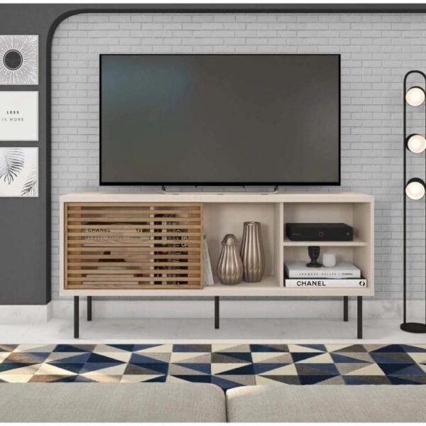 Rack para TV até 55 Polegadas Industrial 136cm com porta de correr, design ripado e acabamento durável em BP MDP.
