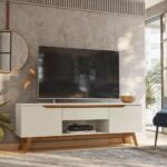 Rack para TV até 55 polegadas com gaveta, portas e passa fios: design retrô Tóquio Olivar Off White.