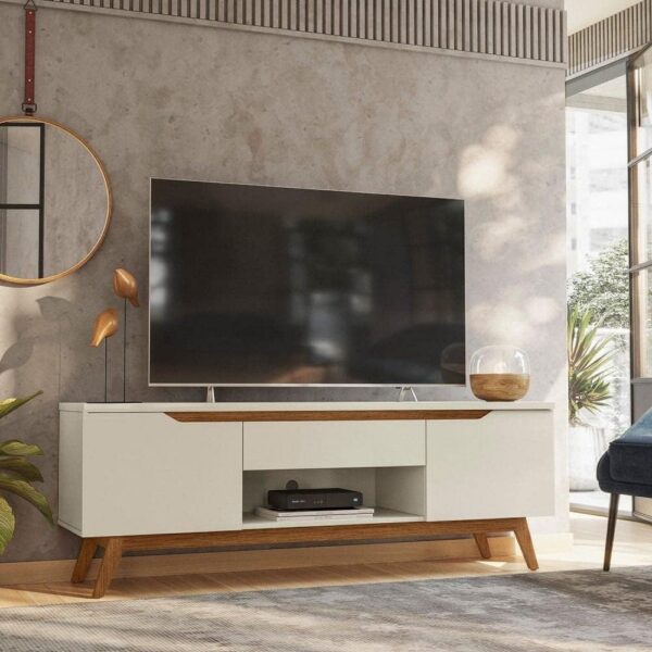Rack para TV até 55 polegadas com gaveta, portas e passa fios: design retrô Tóquio Olivar Off White.