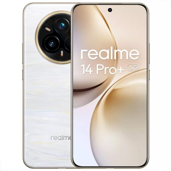 Realme 14 Pro+ 5G: tela OLED 6,83" 120Hz, câmera tripla 50MP OIS, 256GB, 12GB e design Branco Pérola.