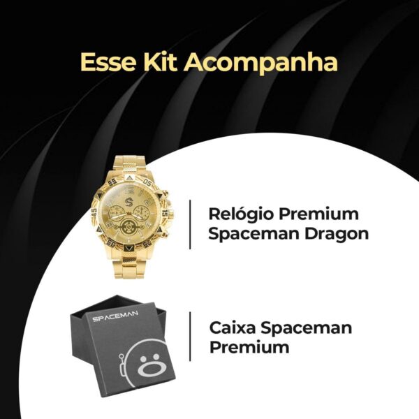Relógio Masculino Orizom Spaceman Dragon Dourado com caixa premium, visual elegante e presença marcante para presente ou uso social.