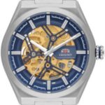 Relógio Orient Skeleton automático: estilo sofisticado com fundo azul/dourado e correia prateada para quem busca elegância.