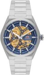 Relógio Orient Skeleton automático: estilo sofisticado com fundo azul/dourado e correia prateada para quem busca elegância.