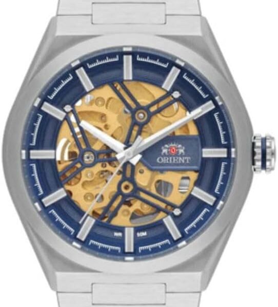 Relógio Orient Skeleton automático: estilo sofisticado com fundo azul/dourado e correia prateada para quem busca elegância.