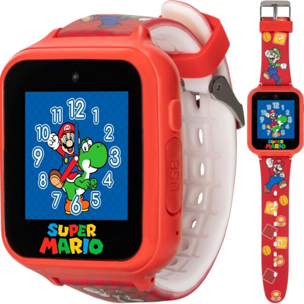 Relógio inteligente infantil Super Mario com câmera, jogos e lanterna, ideal para pulsos de 14 a 20 cm.