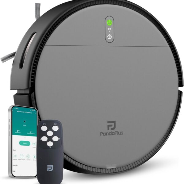 Robô Aspirador de Pó Inteligente 3 em 1 Varre, Aspira e Passa Pano Panda Plus AMG-R1 Wi-Fi, Alexa, Controle Remoto, Vários Modos Bivolt (Cinza)