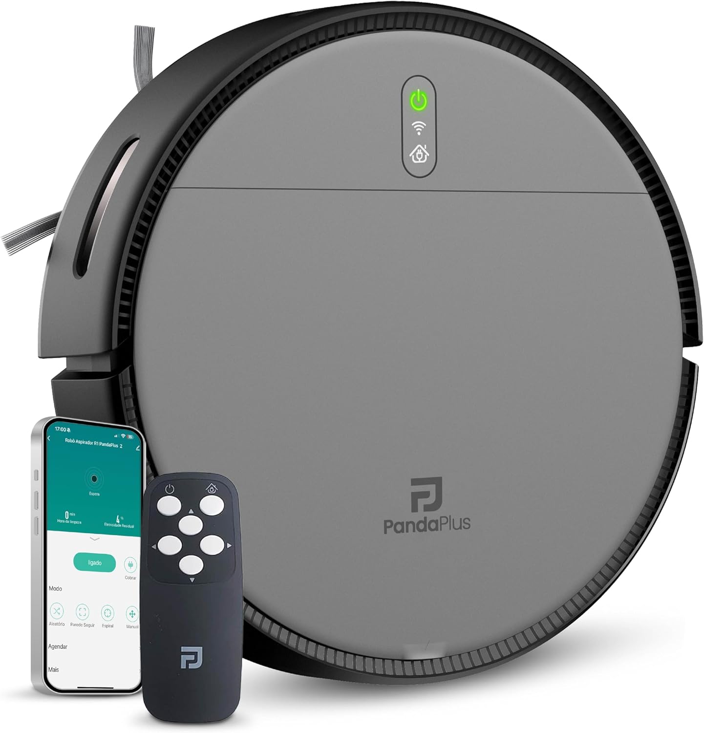 Robô Aspirador de Pó Inteligente 3 em 1 Varre, Aspira Robô Aspirador de Pó Inteligente 3 em 1 Varre, Aspira e Passa Pano Panda Plus AMG-R1 Wi-Fi, Alexa, Controle Remoto, Vários Modos Bivolt (Cinza)