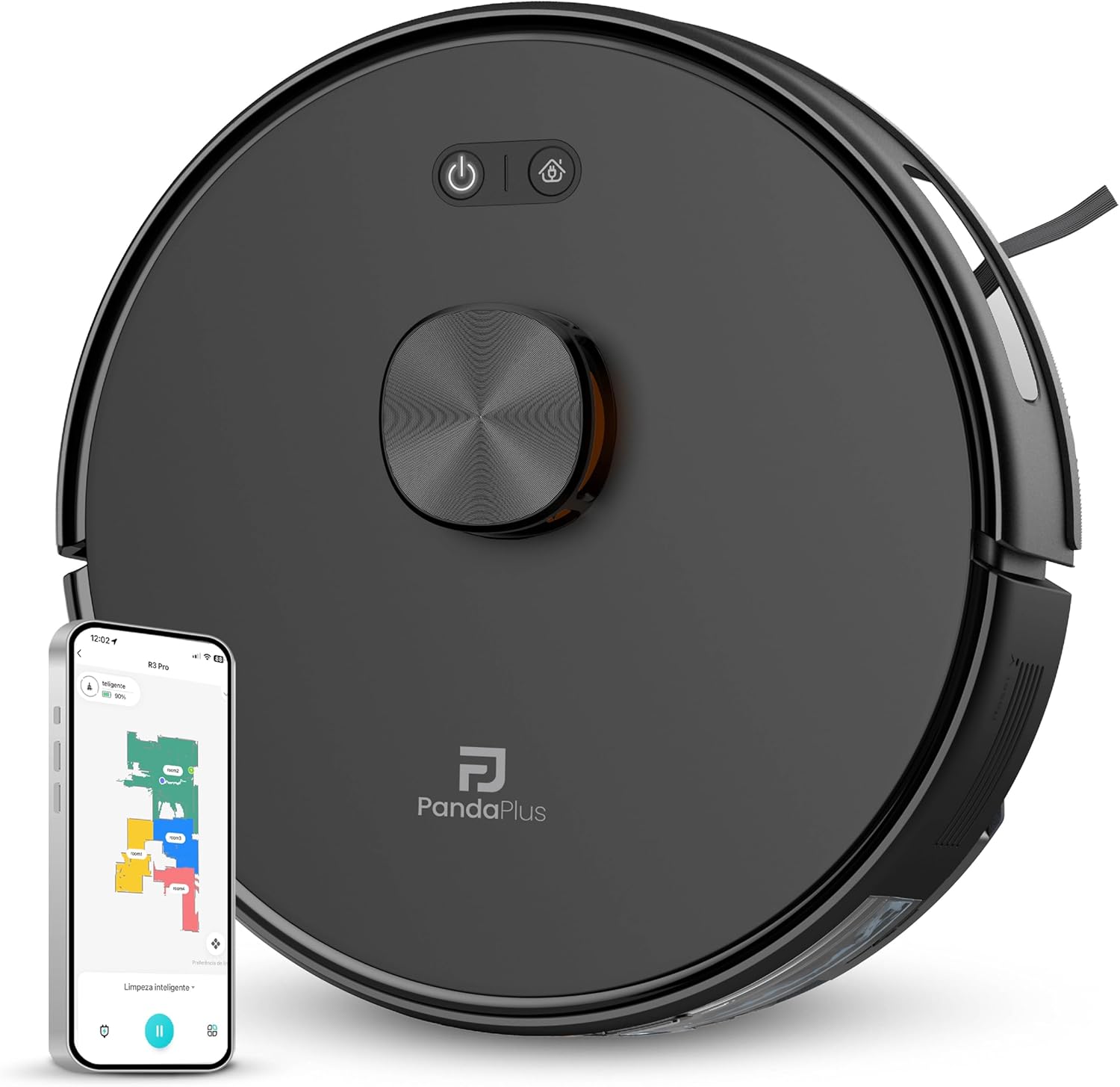 Robô Aspirador de Pó Inteligente AMG-R3 PRO 3 em 1 Robô Aspirador de Pó Inteligente AMG-R3 PRO 3 em 1 Varre, Aspira e Passa Pano com Mapeamento a Laser LDS, Compatível com Alexa e Google, Wi-Fi, App e Controle Remoto Panda Plus Bivolt (Preto)