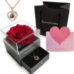 Rosa eterna com colar Eu te amo em 100 idiomas, presente romântico para Dia dos Namorados, Mães ou aniversário de casamento