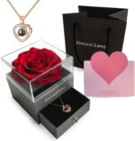 Rosa eterna com colar Eu te amo em 100 idiomas, presente romântico para Dia dos Namorados, Mães ou aniversário de casamento