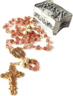 Rosário católico elegantmedical com contas de cristal e pérola real 10 mm, feito à mão e com caixa de presente