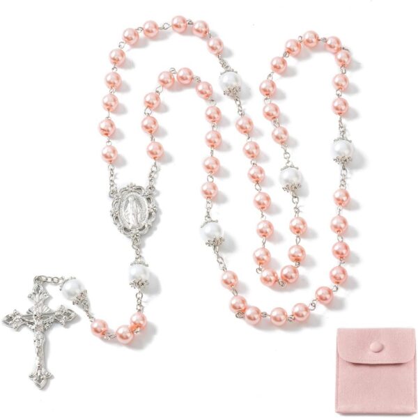 Rosário católico feminino com pérolas artificiais de 8 mm, resistente, elegante e ideal para presentear.