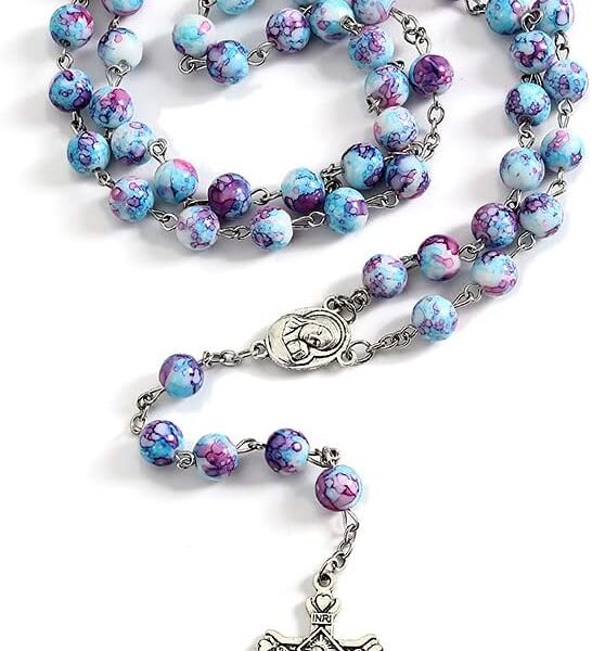 Rosário católico feminino feito à mão, pérola roxa azul, ideal para primeira comunhão e presentes cristãos.