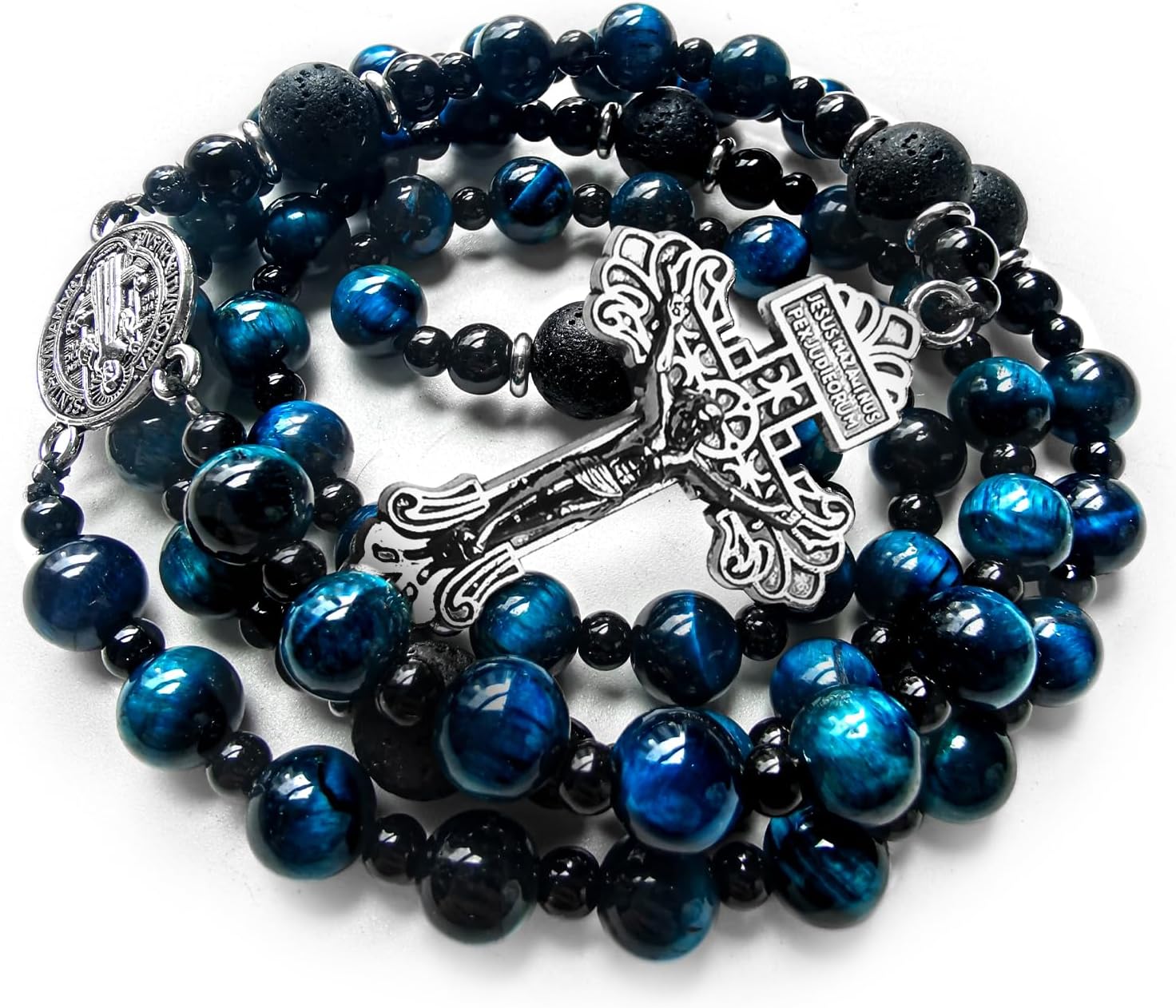 Rosário católico masculino com medalha e cruz, contas azul olho Rosário católico masculino com medalha e cruz, contas azul olho de tigre, feito à mão, presente católico elegante.