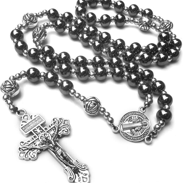 Rosário de hematita católico unissex 8 mm: presente religioso elegante para homens e mulheres￼