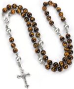 Rosário masculino PESOENTH com olho de tigre e cruz de prata, joia espiritual para oração e presente religioso para homens