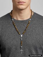 Rosário masculino PESOENTH com olho de tigre e cruz de prata, joia espiritual para oração e presente religioso para homens - Imagem 2