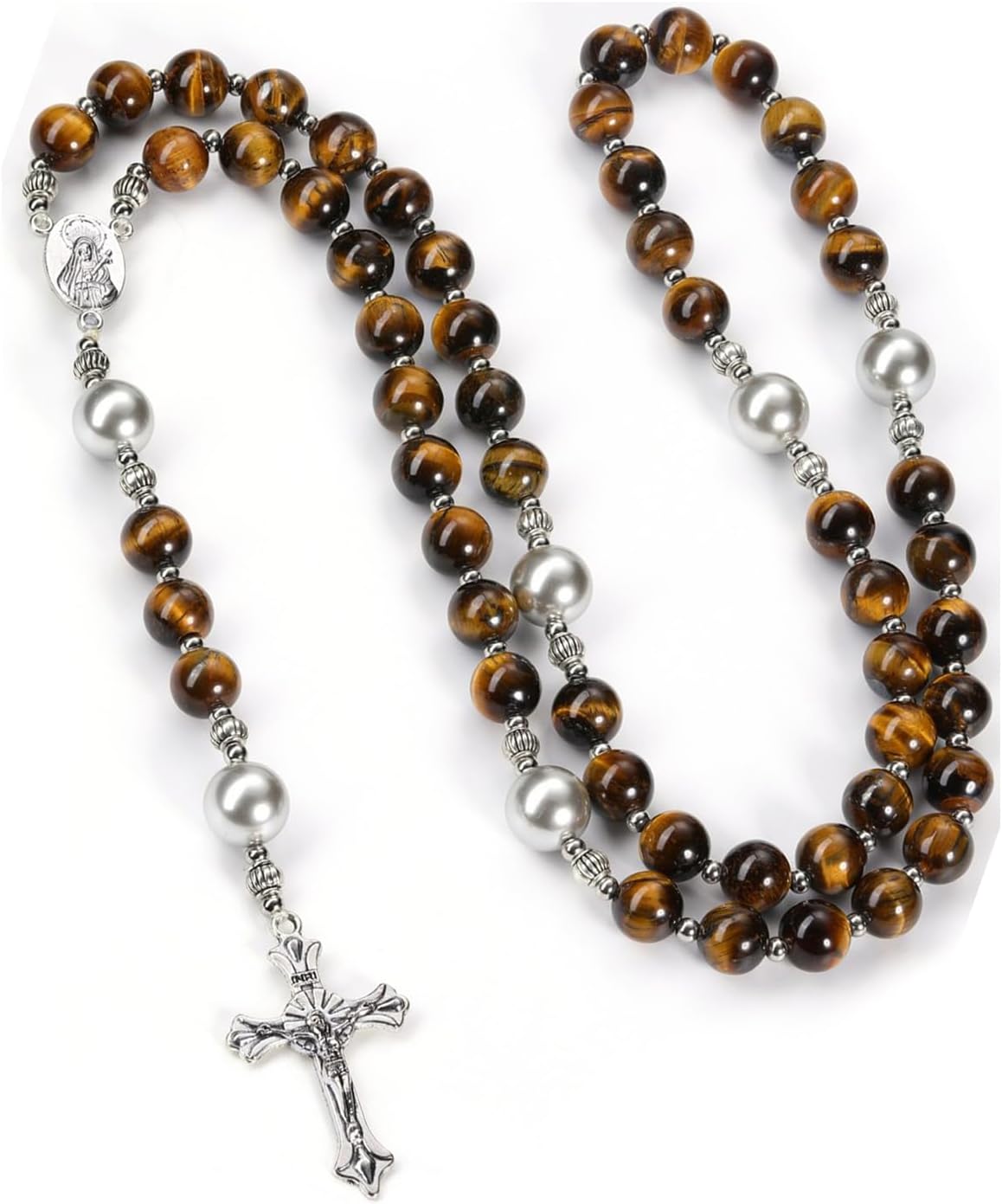 Rosário masculino PESOENTH com olho de tigre e cruz de Rosário masculino PESOENTH com olho de tigre e cruz de prata, joia espiritual para oração e presente religioso para homens