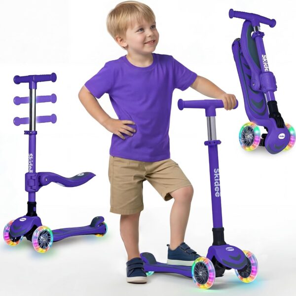 SKIDEE SP3: scooter infantil 2 em 1 com assento, luzes LED e guidão ajustável para crescer com segurança.