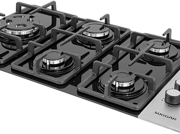 SUGGAR COOKTOP VIDRO PRETO E INOX A GÁS 5 QUEIMADORES ESMALTADOS DIFERENTES TAMANHOS TREMPES FERRO FUNDIDO FG5335VPIX