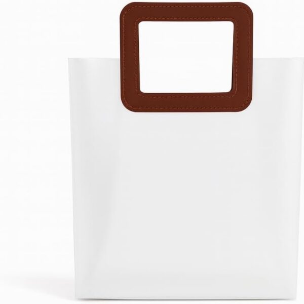 Sacola plástica transparente fosca com alça marrom: resistente, versátil e ideal para presentes e embalagens elegantes.