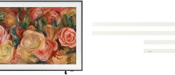 Samsung The Frame 32LS03C com moldura branca: design premium e TV QLED 32 para sua sala com estilo e qualidade.