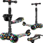 Scooter 2 em 1 infantil com assento removível, 3 rodas LED e altura ajustável para diversão e equilíbrio de 3 a 8 anos
