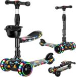 Scooter 2 em 1 infantil com assento removível, 3 rodas LED e altura ajustável para diversão e equilíbrio de 3 a 8 anos