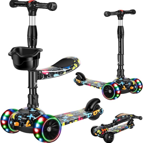 Scooter 2 em 1 infantil com assento removível, 3 rodas LED e altura ajustável para diversão e equilíbrio de 3 a 8 anos