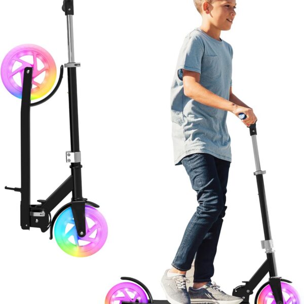 Scooter 8-12 infantil dobrável, leve e segura, com altura ajustável e rodas com luz para mais diversão.