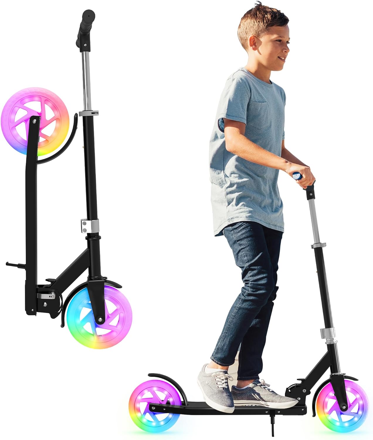 Scooter 8-12 infantil dobrável, leve e segura, com altura ajustável Scooter 8-12 infantil dobrável, leve e segura, com altura ajustável e rodas com luz para mais diversão.